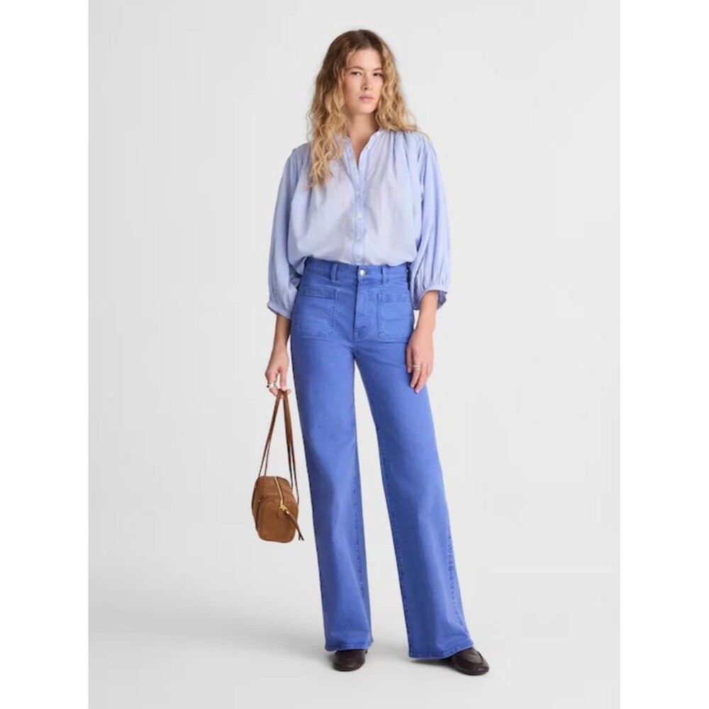 Madewell Shirred Crewneck Button-Up Top Women’s Medium Tranquil Blue Lightweight - Picture 3 of 10